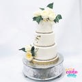 3 Tiers White Wedding Cake with Fresh Roses & Gold Leaf