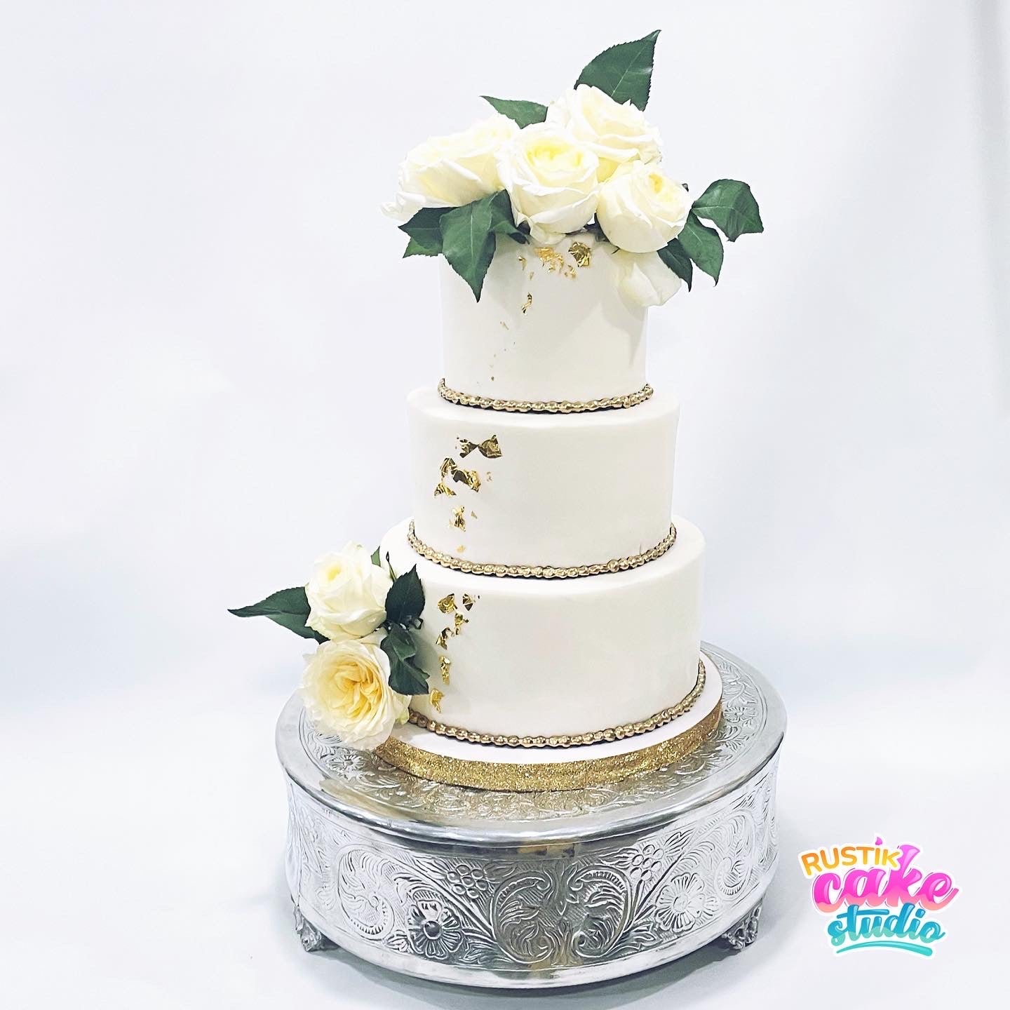 3 Tiers White Wedding Cake with Fresh Roses & Gold Leaf